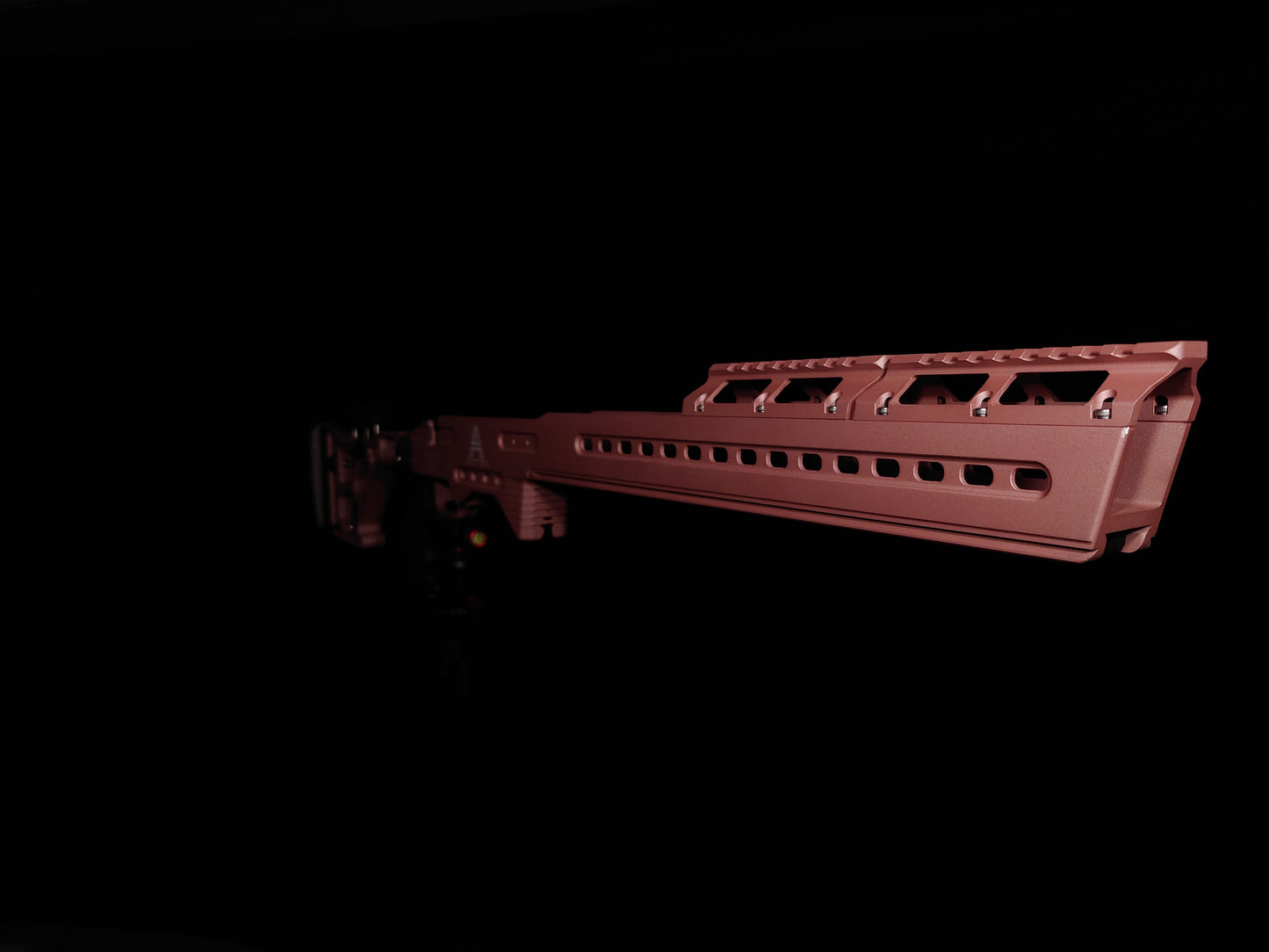 Front angle of the Delta 22 Chassis, showing its extended handguard with M-LOK slots for modular attachments and improved balance