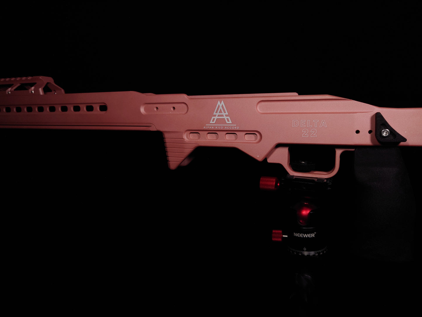 Close-up of the Delta 22 Chassis, featuring an ergonomic textured grip and M-LOK slots for tactical customization