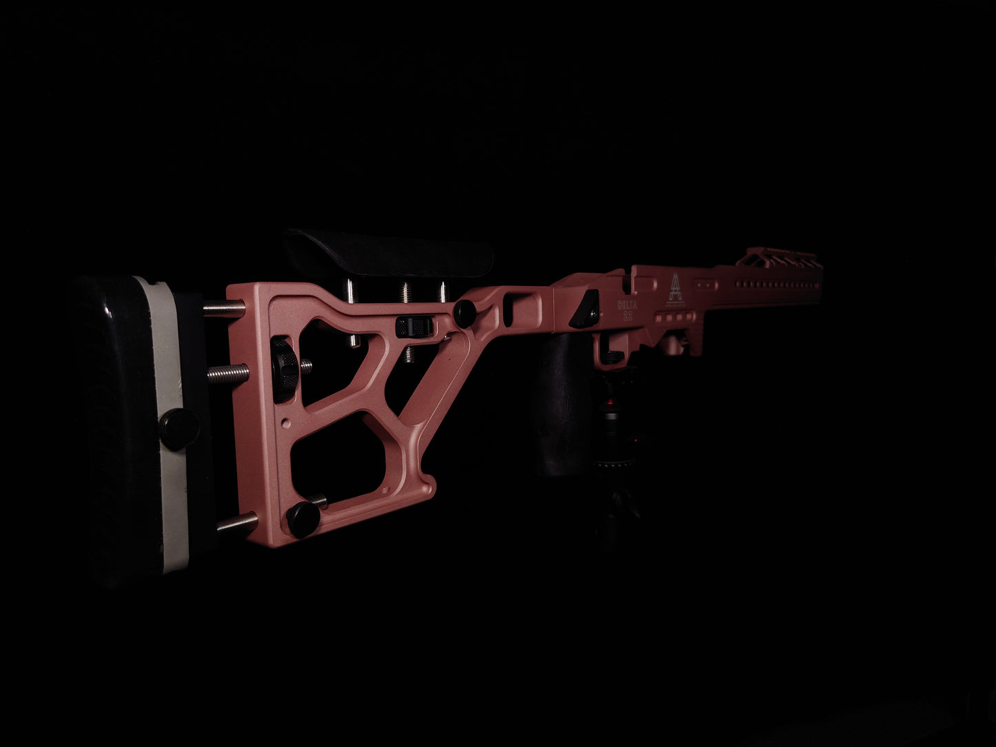 Rear stock of the Delta 22 Chassis, featuring an adjustable cheek riser and recoil pad for enhanced shooter comfort and stability