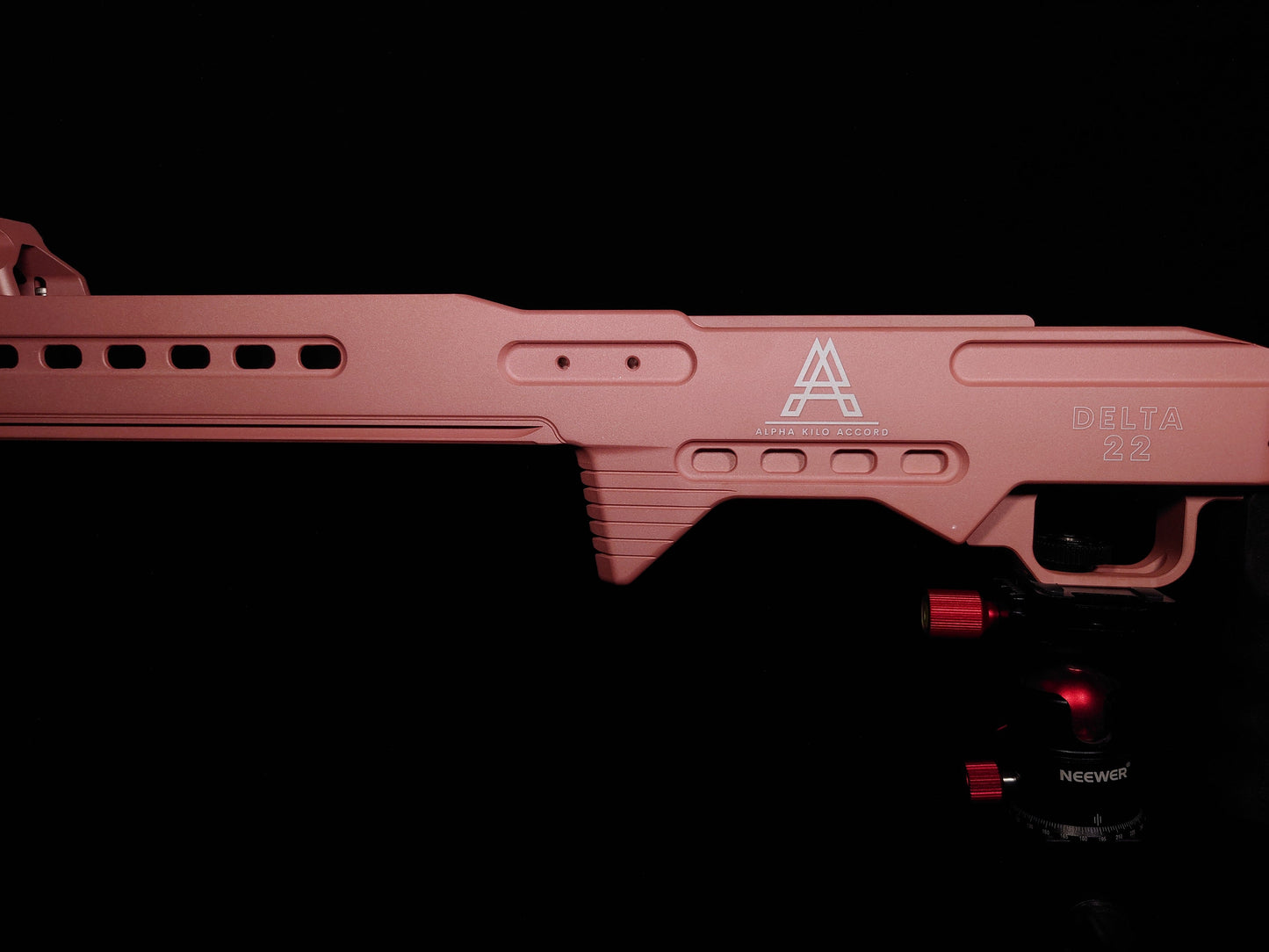 Close-up of the Delta 22 Chassis, featuring the Alpha Kilo Accord branding and vented chassis design for weight reduction and durability