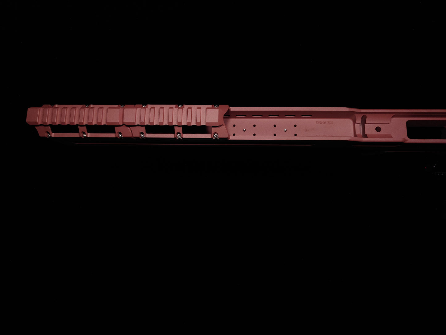 Top view of the Delta 22 Chassis, featuring a precision-machined Picatinny rail for accessory integration