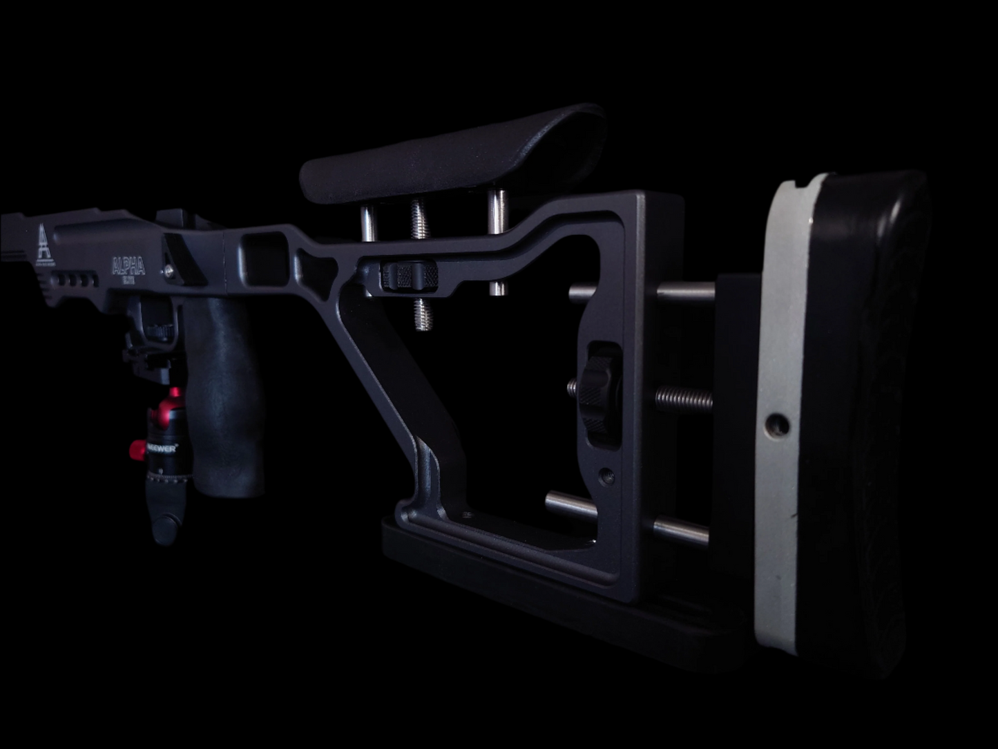 Rear stock of the Alpha Chassis in Sniper Grey, featuring an adjustable cheek riser and recoil pad for enhanced shooter comfort