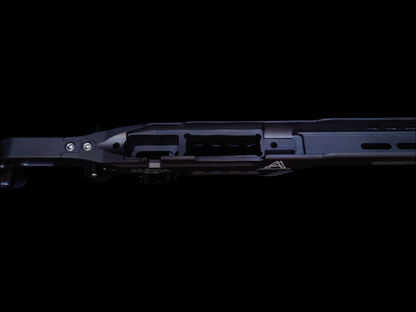 Top view of the Alpha Chassis in Sniper Grey, featuring a full-length Picatinny rail for scope mounting and accessory integration