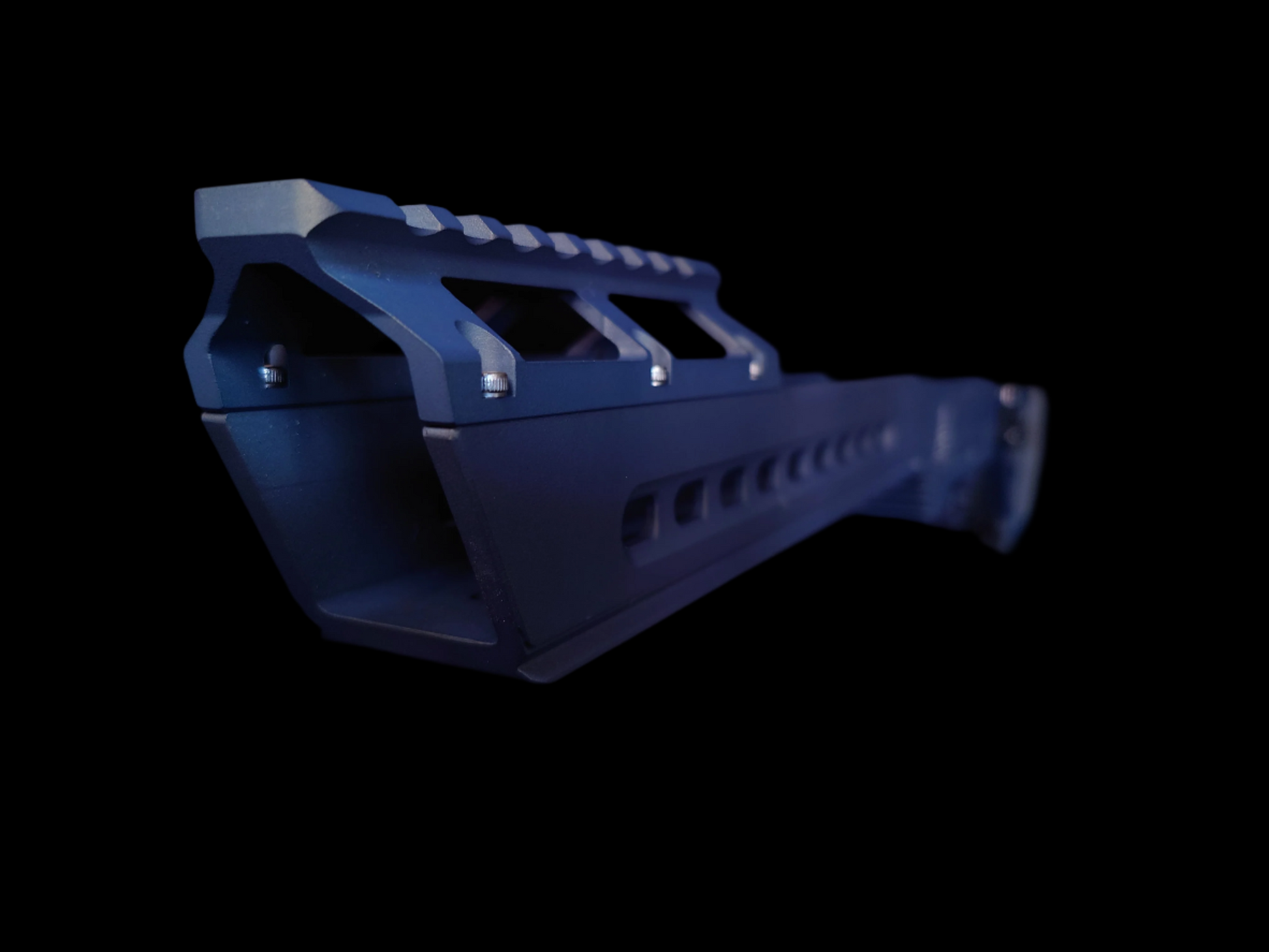 Front angle view of the Bravo 22 Chassis in Northern Lights, showing the free-floating handguard with M-LOK slots for accessory mounting