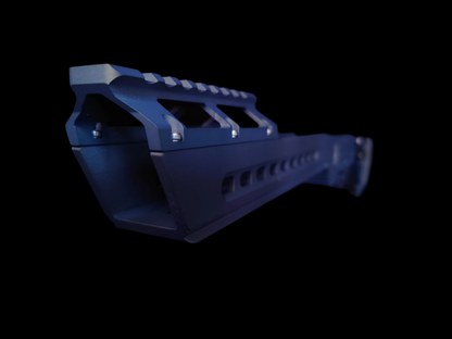 Front angle view of the Bravo 22 Chassis in Northern Lights, showing the free-floating handguard with M-LOK slots for accessory mounting
