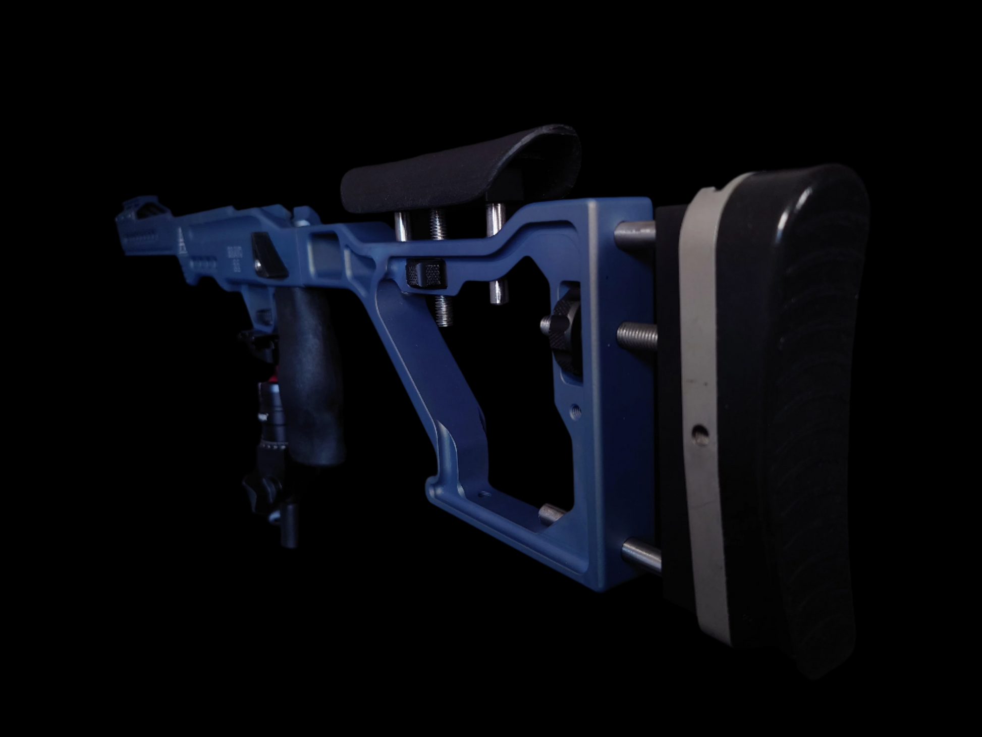 Rear angle of the Bravo 22 Chassis in Northern Lights, displaying adjustable stock components and precision-machined aluminium design