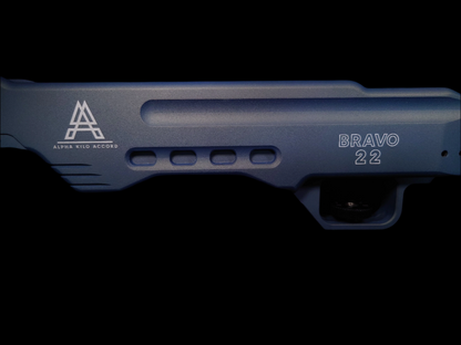 Close-up view of the Bravo 22 Chassis in Northern Lights, highlighting Alpha Kilo Accord’s precision branding and vented chassis design